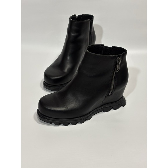 Sorel 6.5 Joan of Artic Wedge II Side Zip Black Leather Chelsea Ankle Boots - Picture 1 of 14